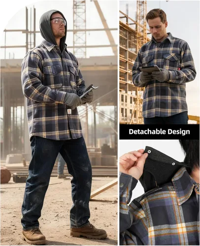 Vista 7 de BOCOMAL Camisas con capucha FR, camisas de franela a cuadros, con botones, resistentes al fuego, camisas de franela resistentes a la llama, chaqueta
