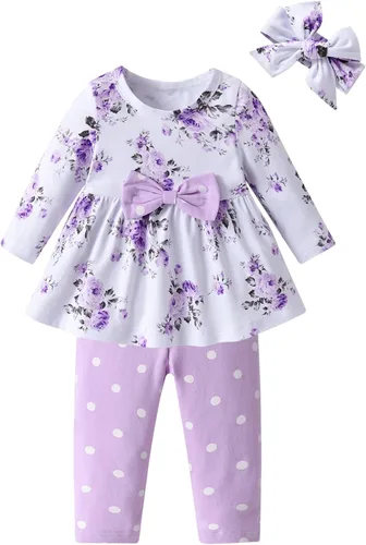 Vista 6 de Conjunto de 3 piezas de ropa para bebé niña, camiseta con volantes, camisa floral, pantalones y diadema Verde