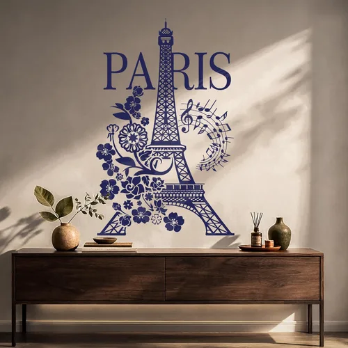 Vista 3 de Vinilo París Torre Eiffel Romántico Notas Musicales Flores Pegatinas Mural Decoración Grande (g4977) Negro