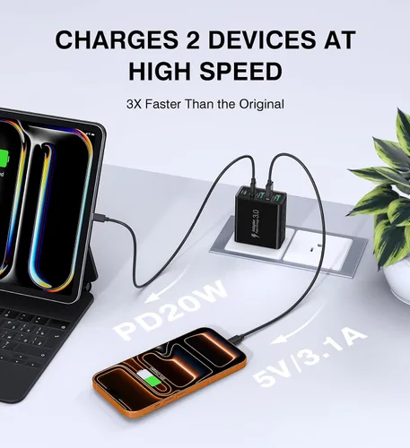 Vista 3 de [Paquete de 2] Cargador de pared USB C, bloque de cargador USB C de 50 W, bloques de carga rápida PD de 5 puertos, 2USB C + 3USB A enchufe