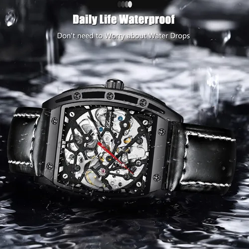 Vista 5 de RORIOS Reloj mecánico automático para hombre, con correa de piel, reloj luminoso, reloj de viento automático Tonneau