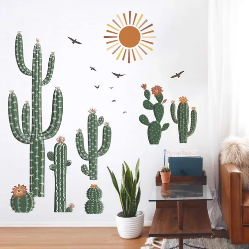 Vista 3 de wondever Calcomanías de pared de cactus bohemios, plantas verdes de cactus tropicales, calcomanías de arte de pared para sala de estar, dormitorio