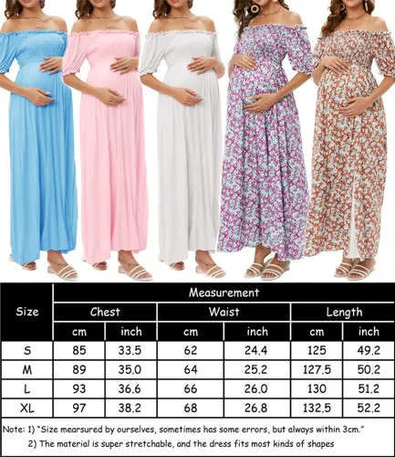 Vista 7 de ZIUMUDY Vestido de maternidad con hombros descubiertos y abertura lateral largo para sesión de fotos, vestido de baby shower fluido