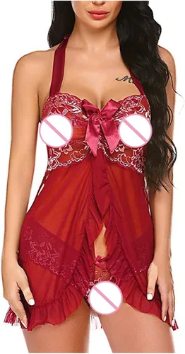 Vista 4 de Babydoll - Lencería para mujer, luna de miel, cuello en V, sexy, exótico, parte delantera abierta, con lazo, con volantes, camisón de novia