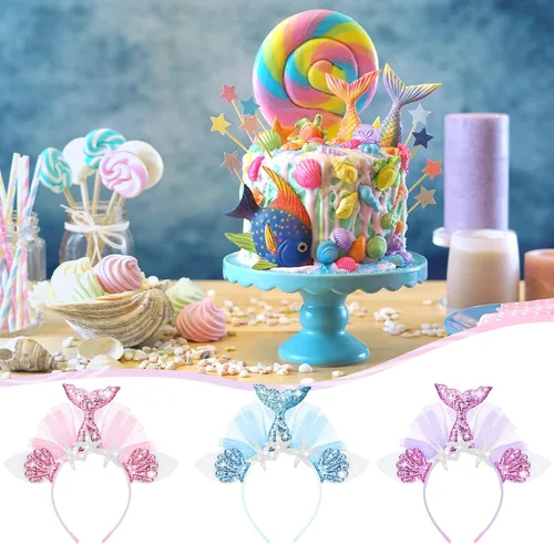 Vista 5 de XunYee 12 diademas para fiesta de sirena, accesorios para el cabello de sirena, accesorios de fiesta de sirena con purpurina, suministros de fiesta
