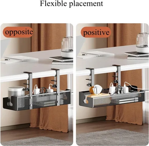 Vista 6 de No Drilling Under Desk Wire Management Tray Retractable Cable Organizers In Home Office PC Router Data Wire Metal Storage Rack(Black 2 in 1)