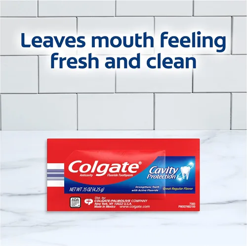 Vista 5 de Colgate Pasta de dientes con flúor, gran sabor regular, pasta de dientes tamaño viaje, bolsa de 0.15 onzas, paquete de 1000