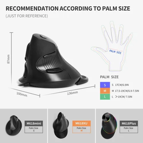 Vista 6 de DELUX Ratón vertical ergonómico con cable, para manos medianas (M618XU-negro)