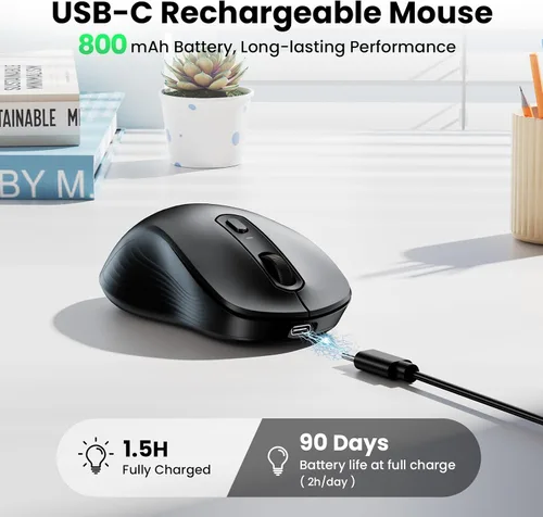 Vista 3 de TECKNET Ratón Bluetooth recargable, [USB y BT5.0/BT3.0] Ratón inalámbrico Negro
