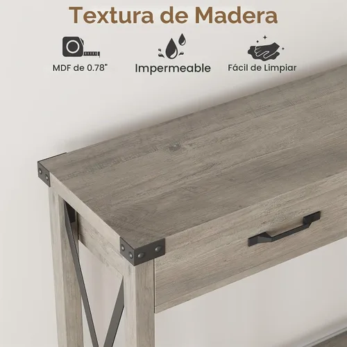 Vista 3 de IDEALHOUSE Mesa consola con 2 cajones, mesa de entrada de granja con estante de almacenamiento, mesa de sofá de madera decorativa para sala de Gris