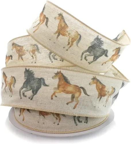 Vista 5 de Cinta con alambre de caballos salvajes florales de 2 1/2 pulgadas por 25 yardas Caballos salvajes florales azules