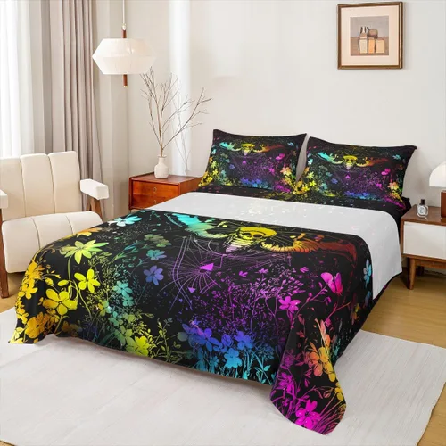 Vista 18 de Erosebridal Juego de sábanas tamaño individual con estampado de luna, diseño de flores de loto, color morado degradado, juego de sábanas orientales