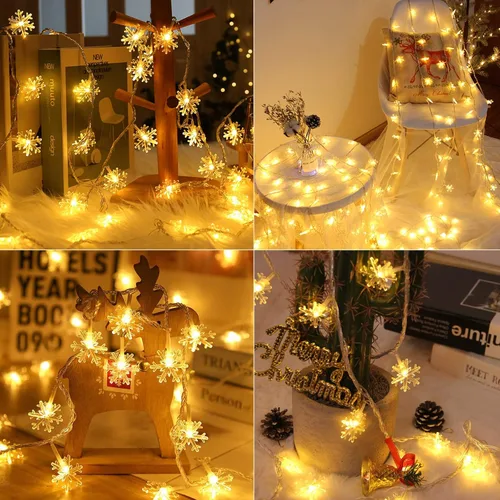 Vista 2 de Brightown Guirnalda de luces solares de copo de nieve de Navidad, paquete de 2 unidades, 100 luces LED de 78 pies para exteriores, impermeables