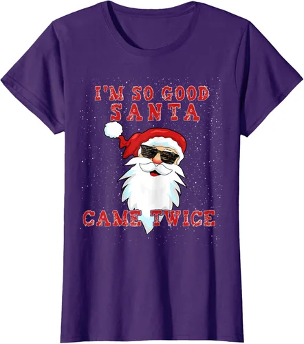 Vista 10 de Camiseta de Navidad para mujer con texto en inglés «I'm So Good Santa Came Twice» Negro