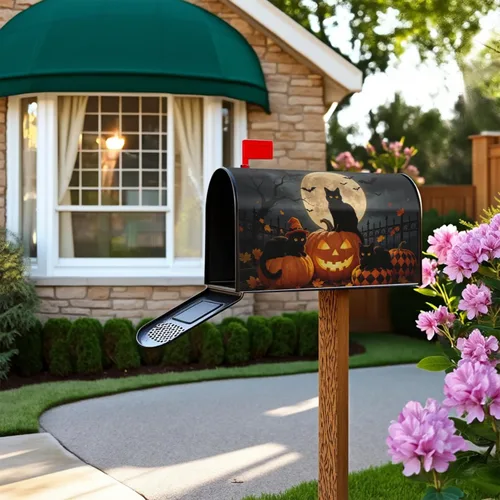 Vista 7 de Halloween Pumpkin Black Cat Mailbox Covers Magnetic Standard Size 18 X 21 Fall Maple leaves Spooky Themed Holiday Decorations Mailbox Wrap Post