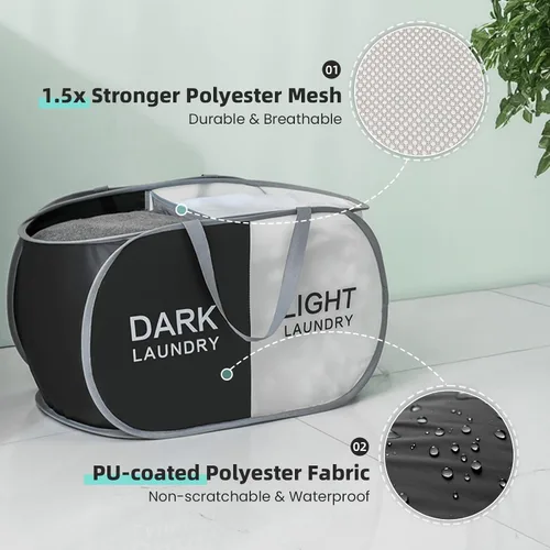 Vista 4 de Cesta plegable para la ropa sucia duradera con 2 compartimentos para clasificar y almacenar, cesta portátil para ropa sucia para dormitorio, cuarto