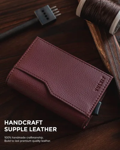 Vista 4 de VULKIT Tarjetero con ventana de identificación, tarjetas emergentes, delgada, de cuero, con protección RFID, hasta 12 tarjetas, funda para tarjetas