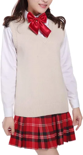 Vista 3 de Blostirno Chaleco de suéter para mujer, cuello en V, uniforme JK, chalecos Kint, sólido, clásico, sin mangas, suéteres