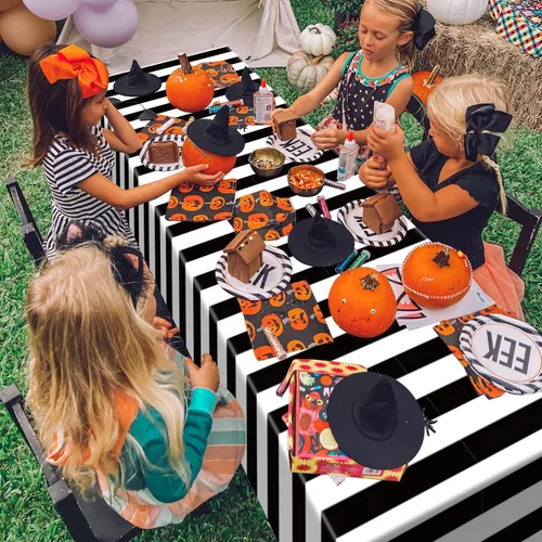 Vista 5 de 4 manteles de rayas blancas y negras, funda de mesa a rayas negras, decoración de mesa de plástico para vacaciones, cumpleaños, baby shower, picnic
