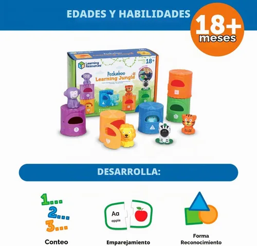 Vista 5 de Learning Resources Peekaboo Learning Jungle Toddler - 10 piezas, a partir de 18 meses, juguetes Montessori para niños pequeños, forma apilable