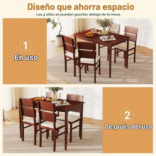 Vista 2 de Giantex Juego de mesa de comedor de 5 piezas para 4, mesa de comedor rectangular de granja con 4 sillas tapizadas, respaldo alto curvo, patas