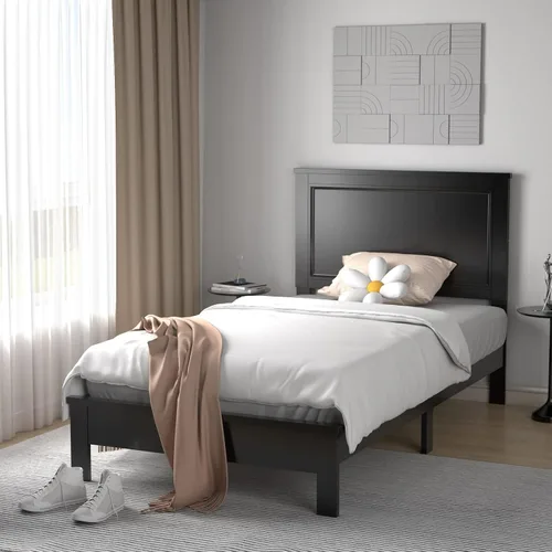 Vista 4 de KOMFOTT Armazón de Cama de Plataforma de Madera Tamaño Twin con Cabecero, Cama de Plataforma de Madera de Mediados del Siglo con Soporte de Listones