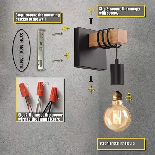 Vista 7 de Lightess - Aplique de pared industrial regulable negro con interruptor de encendido y apagado Dimmable On/Off Switch, Vintage Edison Style, Black