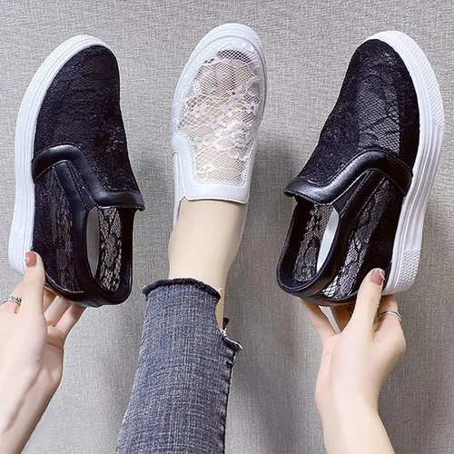 Vista 5 de Hbeylia Zapatos deportivos de plataforma para mujer, de malla de encaje, con cuña oculta, diseño floral, sin cordones, con fondo grueso, zapatos
