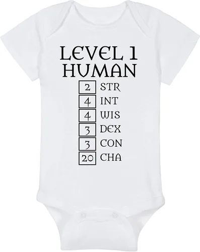 Vista 30 de Level 1 Human with Ability Scores - Gaming Baby Onesie - Hat - Blanket - Bib Package Combinations