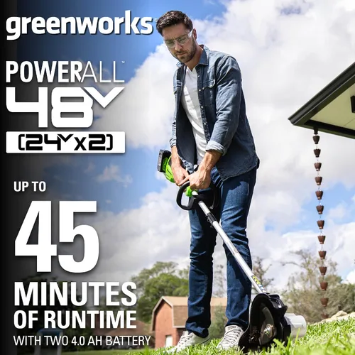 Vista 6 de Greenworks - Desbrozadora sin escobillas de 48 V (24 V x 2), 8 pulgadas, (2) baterías de 4 Ah y cargador de doble puerto de 4 A incluido, ED48L4410