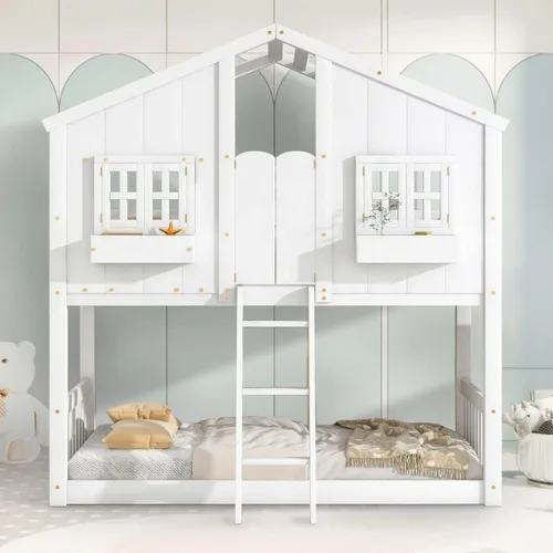 Vista 8 de DEINPPA Litera individual sobre individual con techo, cama de madera con ventanas y caja de ventana, cama de casa de juegos con diseño de puerta