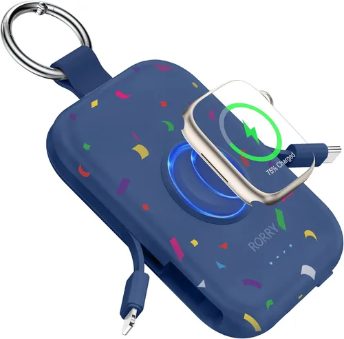 Vista 10 de RORRY Cargador portátil, batería externa portátil de 5000 mAh con cables integrados, paquete de batería en llavero de viaje para Apple Watch Negro