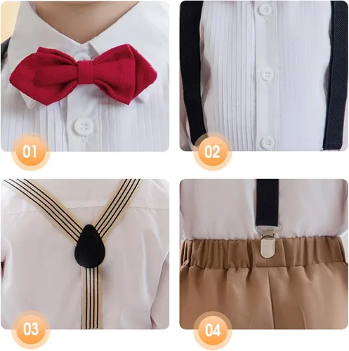 Vista 4 de Pifiko - Ropa de vestir para niño, traje formal para niños, camisa + corbatín + chaleco + pantalones con tirantes para niños