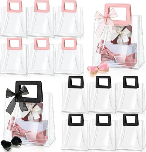 Vista 7 de Fulmoon 12 bolsas de regalo transparentes con asa y cinta transparente, bolsa de regalo de PVC transparente reutilizable para despedida de soltera