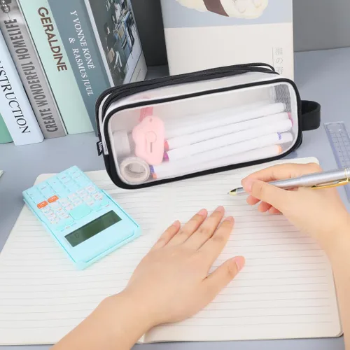 Vista 6 de Oyachic Estuche para lápices de 2 compartimentos de malla transparente para bolígrafos, bolsa de cosméticos para maquillaje, bolsa de cosméticos