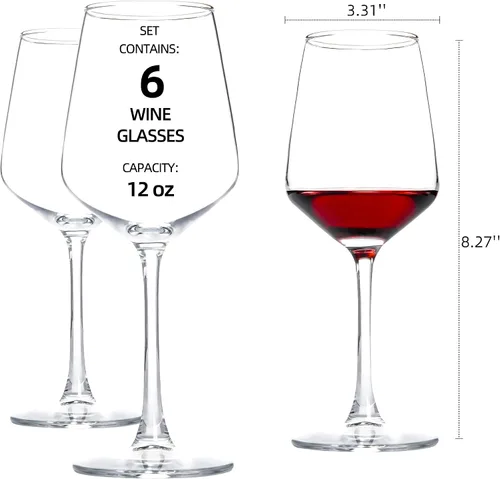Vista 2 de Juego de 6 copas de vino transparentes de 12 onzas con tallo, aptas para lavavajillas Cristalería blanca roja clara para el uso diario del hogar
