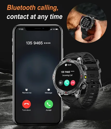 Vista 5 de Reloj inteligente para exteriores, responder llamadas, notificación de mensajes, reloj inteligente militar, compatible con iPhone, Android, linterna