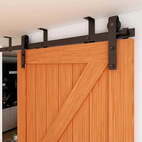 Vista 13 de CCJH Kit de herrajes para puerta corrediza de granero de 4 pies, sistema de soporte en forma de L de techo bajo para puerta de madera individual