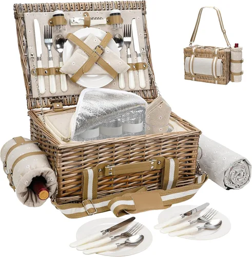 Vista 9 de Willow - Juego de cestas de picnic para 2 personas con bolsa térmica grande aislada y manta de picnic impermeable, cesta de picnic de mimbre