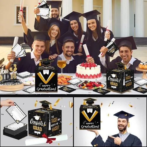 Vista 6 de Funrous Caja grande para tarjetas de graduación 2026 en negro y dorado con 30 piezas de tarjetas de consejos, caja de dinero, caja de dinero