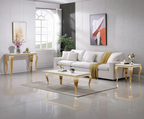 Vista 4 de SSLine Moderna mesa de centro de 1 pieza para sala de estar, mesa de centro de lujo de mármol sintético con patas de acero inoxidable en forma de S