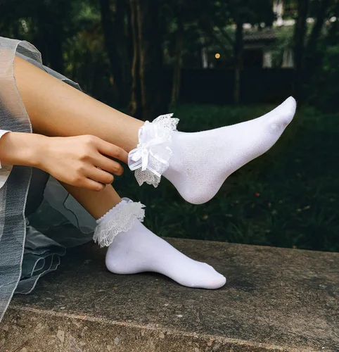 Vista 5 de SEMOHOLLI Calcetines de tobillo para mujer calcetines de encaje con volantes y volantes cómodos calcetines de princesa