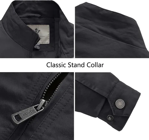 Vista 4 de WenVen - Chaqueta militar para hombre, algodón, ligera, cuello alto, práctica chamarra casual.