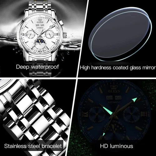 Vista 6 de OLEVS Reloj de pulsera para hombre, diseño de esqueleto, automático, de lujo, con cara grande, multicalendario, de acero inoxidable, impermeable