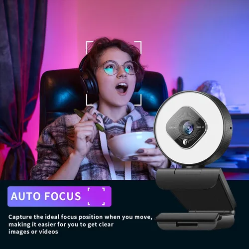 Vista 3 de Cámara web 1080P para PC con luz de anillo y micrófono dual, cámara web de enfoque automático para transmisión, cámara web de brillo ajustable