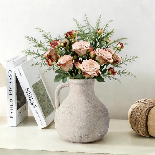 Vista 14 de Jarrón de cerámica de granja con 2 asas, jarrón decorativo boho para decoración del hogar, sala de estar, entrada, mesa, decoración de estante, 24 cm