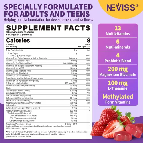 Vista 2 de NEVISS Gomitas multivitamínicas metiladas para adolescentes de 12 a 17 años con glicinato de magnesio, omega-3, L-teanina para adolescentes, niños