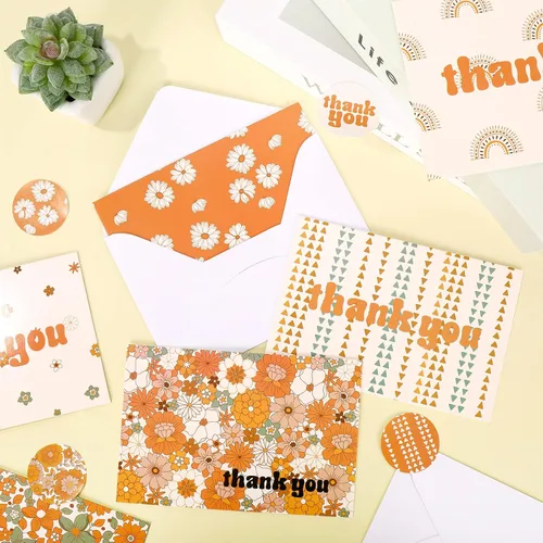 Vista 6 de AnyDesign Paquete de 36 tarjetas de agradecimiento de arco iris boho con calcomanías de sello a juego, sobres de tarjetas de felicitación hippie
