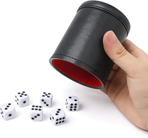 Vista 2 de Taza de dados profesional con forro de fieltro - con 6 dados silenciosos para el juego de Yahtzee Negro