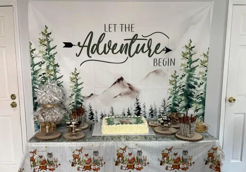 Vista 4 de Decoración de baby shower de bosque de 7 x 5 pies, telón de fondo de aventura espera telón de fondo Let The Adventure Begin Banner F73